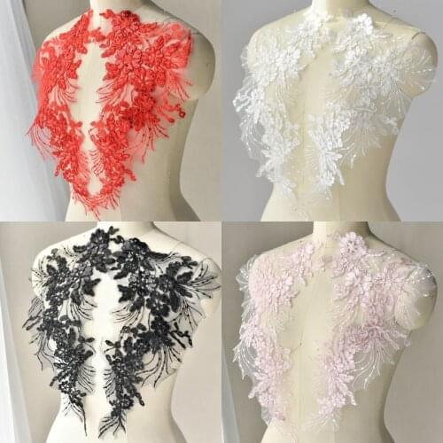2Pairs 4Pcs Cotton Lace Applique Flower Lace Trim Sequins Embroidered Appliques DIY Crafts Material For Wedding Dress 42x20cm