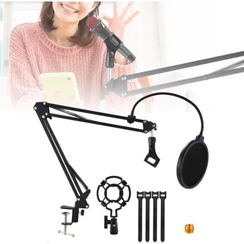 Microphone Holder Bracket with Double Layer Microphone Pop Filter and Table Clip for Live Broadcast Studio Speaking Recording