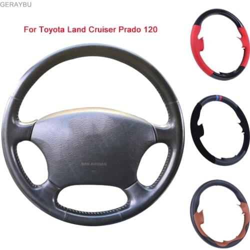 GERAYBU Custom DIY Black Leather Hand-Sewn Car Steering Wheel Cover For Toyota Land Cruiser Prado 120 Breathable Wear-Resistant