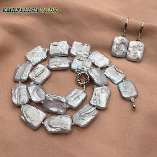 Popular baroque pearl choker statement necklace hook earring set gray color flat rectangle shape cultured pearls special jewelry