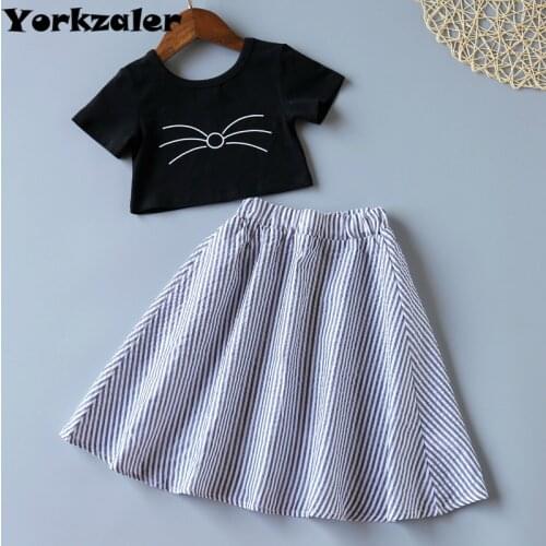 Baby Girls Clothes Set Black Cat Crop Top with Striped Skirts Summer Children Clothes Fashion Clothing New Style Free Shipping