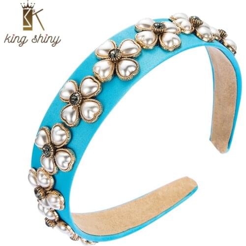 King Shiny Vintage Baroque Heart Shape Pearl Headband Elegant Sparkly Rhinestone Solid Color Fabric Hairband Girl Party Headwear