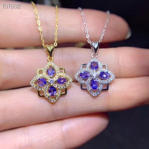 Natural blue tanzanite gem necklace pendant S925 silver natural gemstone pendant fashion square Clover woman party gift jewelry
