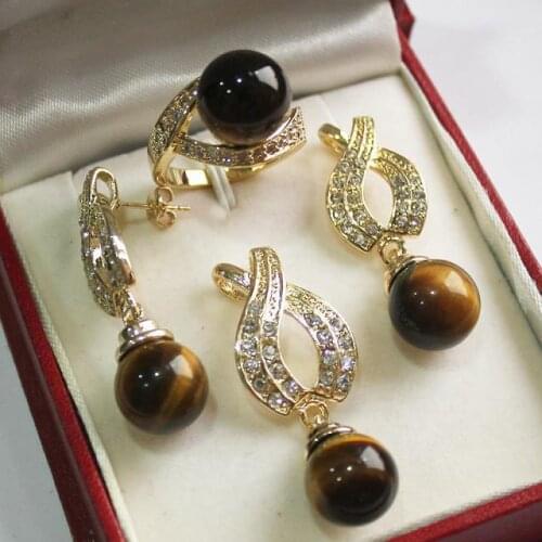 Hot! beautiful new jewelry FINE + 12mm tiger eye jade pendant, earring, , ring set