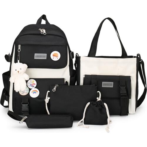 Fashion Womens Backpack 5-piece Cute Pendant School Bag For Teenage Girls Canvas Waterproof Large Capacity Student Scoolbags