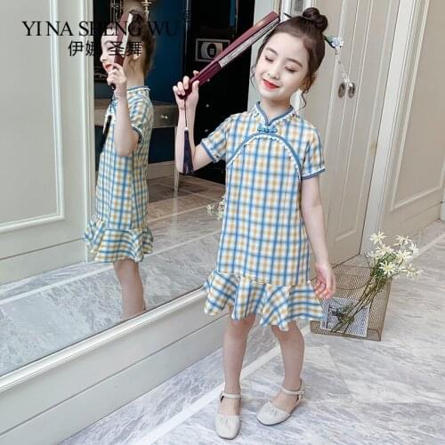 Newly Baby Girls Retro Traditional Chinese Cheongsam Dress Lattice Kids Dress Summer Short Sleeve Qipao For Children Party Wear