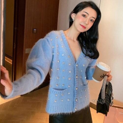 2021 Runway Cardigan Sweater Luxury Crystal Beaded White Cardigan Vintage Puff Sleeve V Neck Single Breasted Knitted Jacket