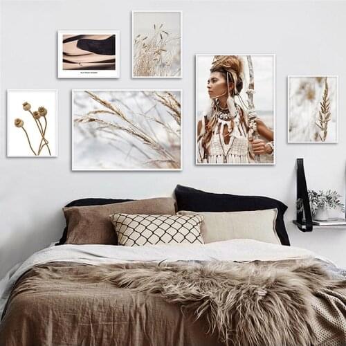 Wild Boho Woman Grass Reeds Poster Nordic Canvas Wall Art Print Nature Landscape Painting Decorative Picture Scandinavian Decor