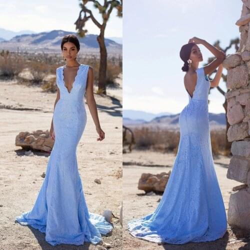 Sexy Mermaid Prom Gowns 2020 Deep V Neck V-Back Lace Applique Sleeveless Cloth Party Dresses Evening Dresses