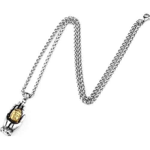 Titanium Steel Buddha Hand Sakyamuni Necklace For Men Buddhist Pendants Necklaces India Thailand Buddhism jewelry Leather Chain