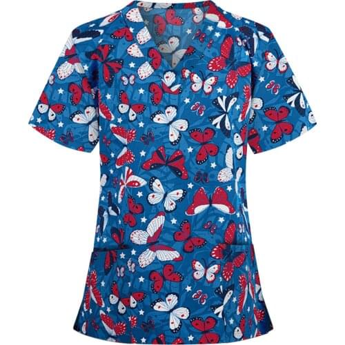 Women Short Sleeve V-neck Tshirt Tops Pocket Working Uniform Tshirt Fashion Butterfly Print Tshirt Camiseta Mujer Verano #G3