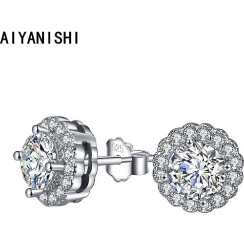 AIYANISHI Fashion 925 Sterling Silver Stud Earrings Halo Round Silver Stud Earrings for Women Wedding Engagement Party Gifts