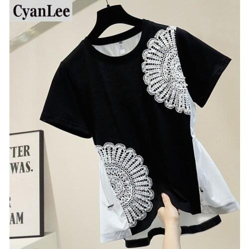 Cyanlee Women Tops And Blouses Heavy Beading Lace Hook Flower Shirts Contrast Color Loose Casual Cotton Blusas Korean Clothes