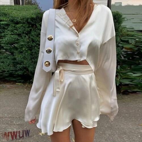 Office Lady Elegant Satin Two Piece Set Women Lantern Long Sleeves Crop Tops Cardigan Sexy High Waist Mini Tennis Sports Skirts
