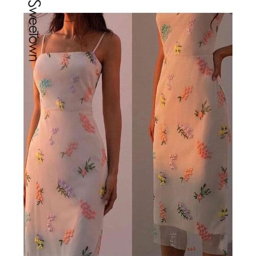 Sweetown Floral Elegant Sexy Bodycon Dresses Retro Aesthetic Boho Dress Women Vacation Clothes OffShoulder Spaghetti Strap Dress