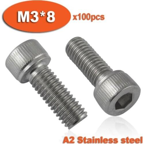 100pc DIN912 M3 x 8 Screw Stainless Steel A2 Hexagon Hex Socket Head Cap Screws