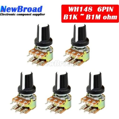 5Sets 5PCS+5PCS WH148 B1K ~ B1M ohm 1K 2K 5K 10K 20K 6Pin 15mm 10K 3 Terminal Linear Taper Rotary potentiometer for Arduino