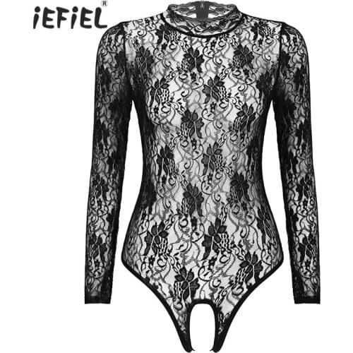 Sexy Women Floral Lace Crotchless Bodysuit Costumes Long Sleeve Open Crotch Transparent Leotard Lingerie Sissy Teddies Nightwear