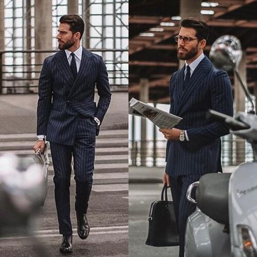 Plus Size Navy Strpe Wedding Tuxedos Evening Party Prom Double Breasted Mens Suits Best Man Blazer Suit (Jacket+Pants)