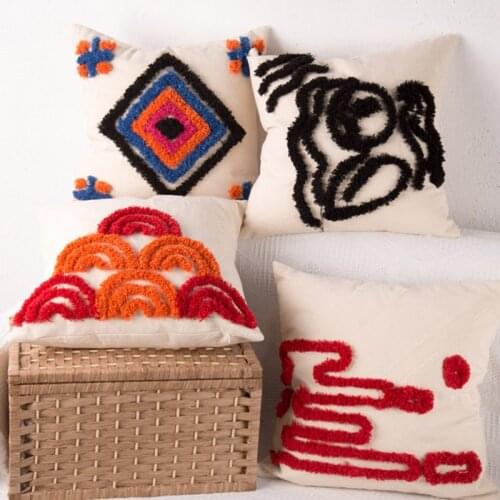 Tufted Embroidery Throw Pillow Case Boho Morocan Woven Textured Multicolor Geometric Pattern Square Cushion Cover