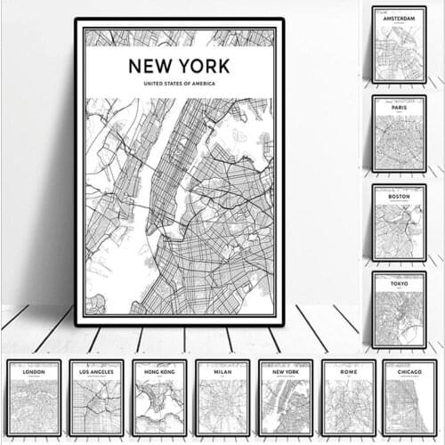 Black and White World City Map New York Tokyo Paris Wall Art Canvas Poster Prints Nordic Style Paintings Picture for Living Room