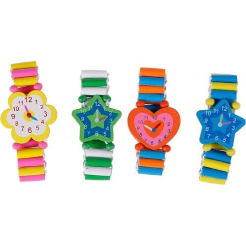 Babys Kids Cartoon Wooden Crafts Wristwatches Bracelet Watch Toy Children Student Xmas Toys Gift Random Style Color
