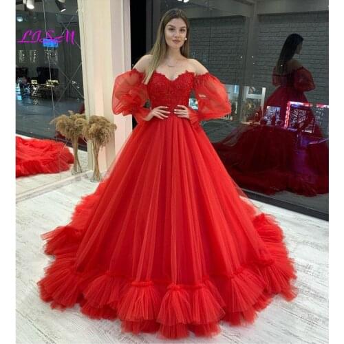 Elegant Red Prom Dresses Long Vestidos Puffy Sleeves Tulle Backless Formal Evening Party Gowns Beauty Pageant Dresses 2021