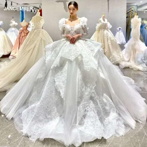 HTL1591 White Lvory Romantic Wedding Gowns Custom Made 2020 Long Sleeve O-Neck Sequined Ball Gown vestido de novia barato