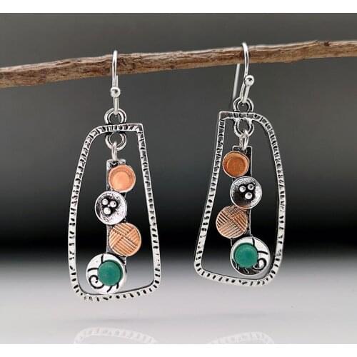 Delicate Women Green Orange Stone Drop Earrings Boho Jewelry Antique Silver Color Geometric Hollow Floral Dangle Earrings