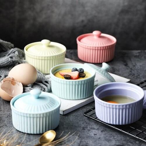 Ceramic Baking Bowl With Lid Pudding Baking Roast Steamed Egg Bowl Creative Baked Rice Steamed Egg Small Bowl dinner plates