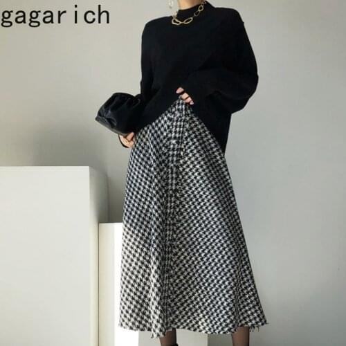 Gagarich Woman Chic Dress Set Korean Autumn New Ins Vintage Irregular Split Half High Neck Black Sweater Plaid Skirt Female Suit