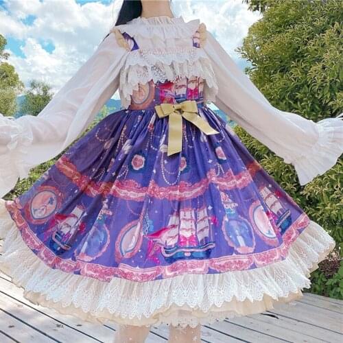 Japanese-Style Lolita Vintage Printed Sweet Lace Ruffled Strap JSK Dress fairy dress tea party lolita dress sweet lolita doll