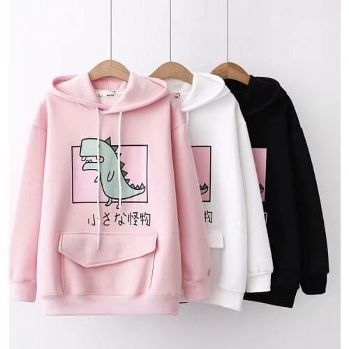 Cute Dinosaur Fall Winter Womens Hoodies Thicken Warm Pullovers Long Hooded Patchwork Tops Cute Black & White & Pink