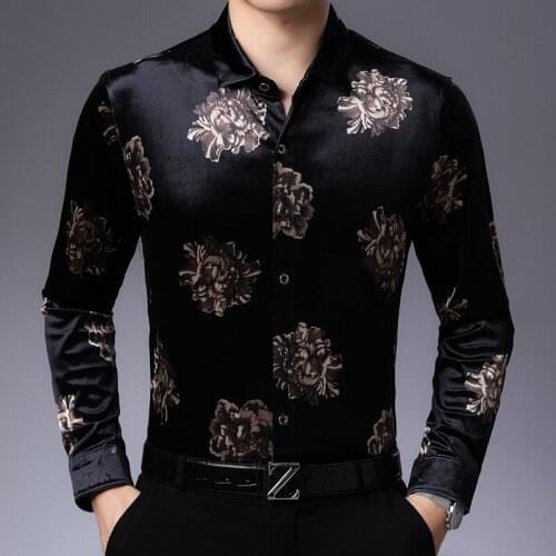 Male Velvet Shirt Autumn Floral Long Sleeve Clothes Mens Flowers Printing Shirts Long Sleeved