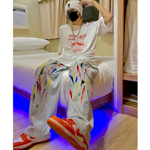 New loose straight-leg pants original handmade ink vertical striped trousers white loose drape street casual pants loose 2020 tr
