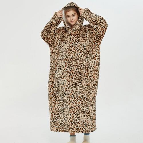 Leopard Print Blanket Hoodie For Sofa Soft Warm Winter Long Fleece Weighted Blanket With Sleeves TV Blankets Hoodie Sweatshirt