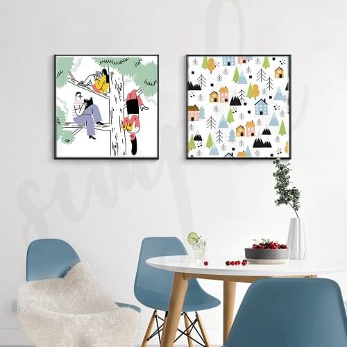 Nordic Cartoon House Man Reading Books Art Poster Line Tree and Mountain Landscape Painting Modern Home Decor for Living Room