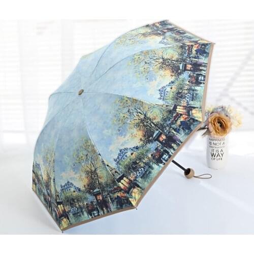 Blue Sky and White Clouds Creative Vintage Rain Umbrella Double Fold Korean Oil Painting Sunshade Sun Umbrella UV Protection