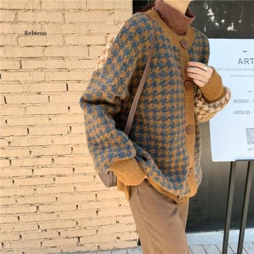 Knitted Sweater Women Cardigans Soft Thick Houndstooth Sweaters Jacket Long Sleeve Single-Breasted Jumper Coat