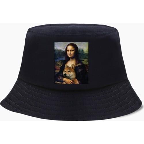 Funny Da Vinci Mona Lisa Holding A Dog Fisherman Hat Fishing Cap Bucket Hats Panama Men Women Bob Chapeau Sun Prevent Funny Caps