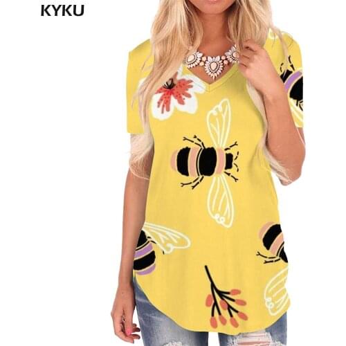 KYKU Bee T Shirt Women Animal T-shirts 3d Flower Tshirts Printed Painting V-neck Tshirt Womens Clothing Punk Rock Cool Plus Size