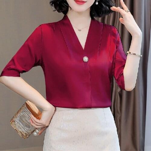 Women Shirt Silk Solid Blouses for Summer Women Short Sleeve Top Women Satin Thin White V-neck Clothing Female 2021 Basic Blouse