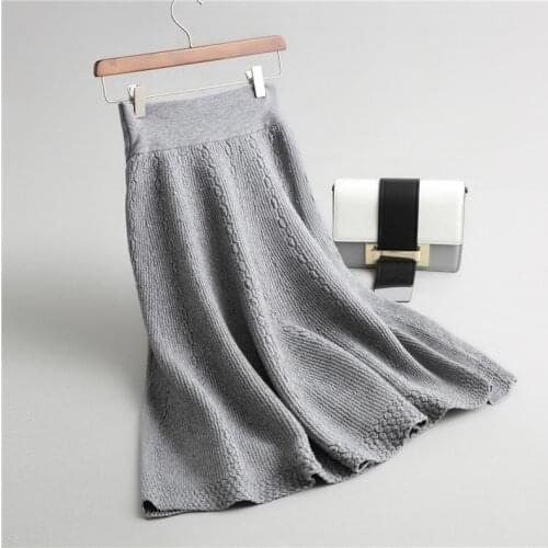 2020 A-Line Autumn Winter Knitted Flower Elastic High Waist Women Long Female Warm Ladies Midi Skirt Saia