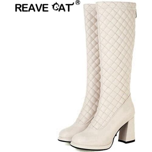 Reave Cat Sexy Women Luxury Brand Modern Knee High Boots Back Zipper Round Toe Chunky Heel Ladies Party Plus Size 33-43 S2484