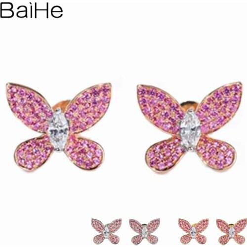 BAIHE Solid 14K Rose Gold 0.20ct Marquise H/SI Natural Diamond Wedding Fine Jewelry Delicate butterfly Stud Earrings for Women