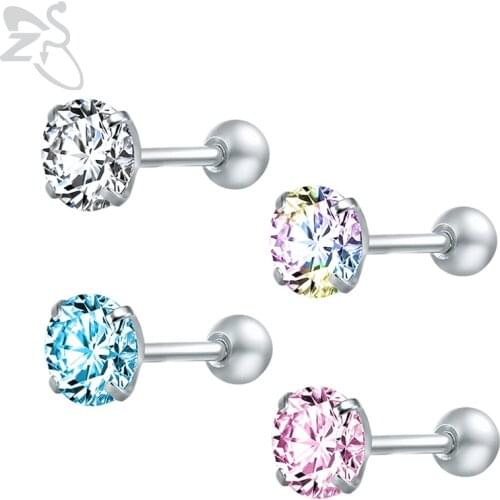 ZS Crystal Stud Earrings for Woman Stainless Steel Female Earrings Round Crystal Stone Screw Ball Earring Pierced Ear Oorbellen