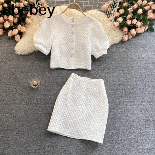 Women Summer Korean Solid Set O Neck Short Sleeve Short Top+High Waist Slim Mini Pencil Skirt Two Piece Suit