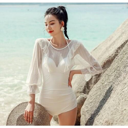 Women Swimwear 2021 One Piece Bikini Push Up Swimsuit Long Sleeve Pleated New Korea Beach Print Polyester Sierra Surfer Bath