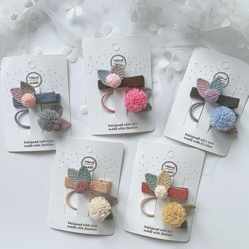 2pcs/set Kids' Lace Ball Pom Pom Bunny Lined Hair Alligator Rabbit Leaf Ear Ball Pompom Hair Bands Set Kids' Hairpins HB039