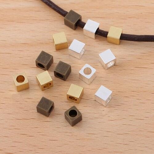 200pcs 4*4mm Metal Brass Square Beads Antique Bronze Silver Plated Loose Beads DIY Jewelry Accessories